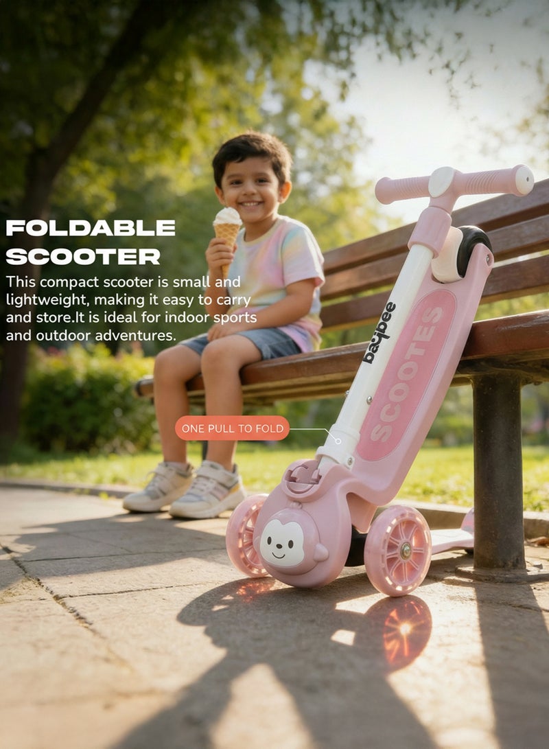 بيبي سكوتر مونكي للأطفال | سكوتر بثلاث عجلات للأطفال بثلاثة ارتفاعات قابلة للتعديل، مزود بإضاءة LED وموسيقى | سكوترات تزلج تتحمل وزنًا يصل إلى 50 كجم | سكوترات جري للأطفال من عمر سنتين إلى 10 سنوات، لون وردي فاتح - Image 3